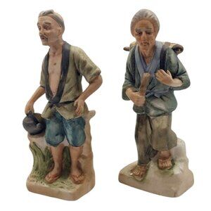 Vintage Japanese Hakata Urasaki Unglazed Ceramic Shiwan Ware Figurines Set of 2